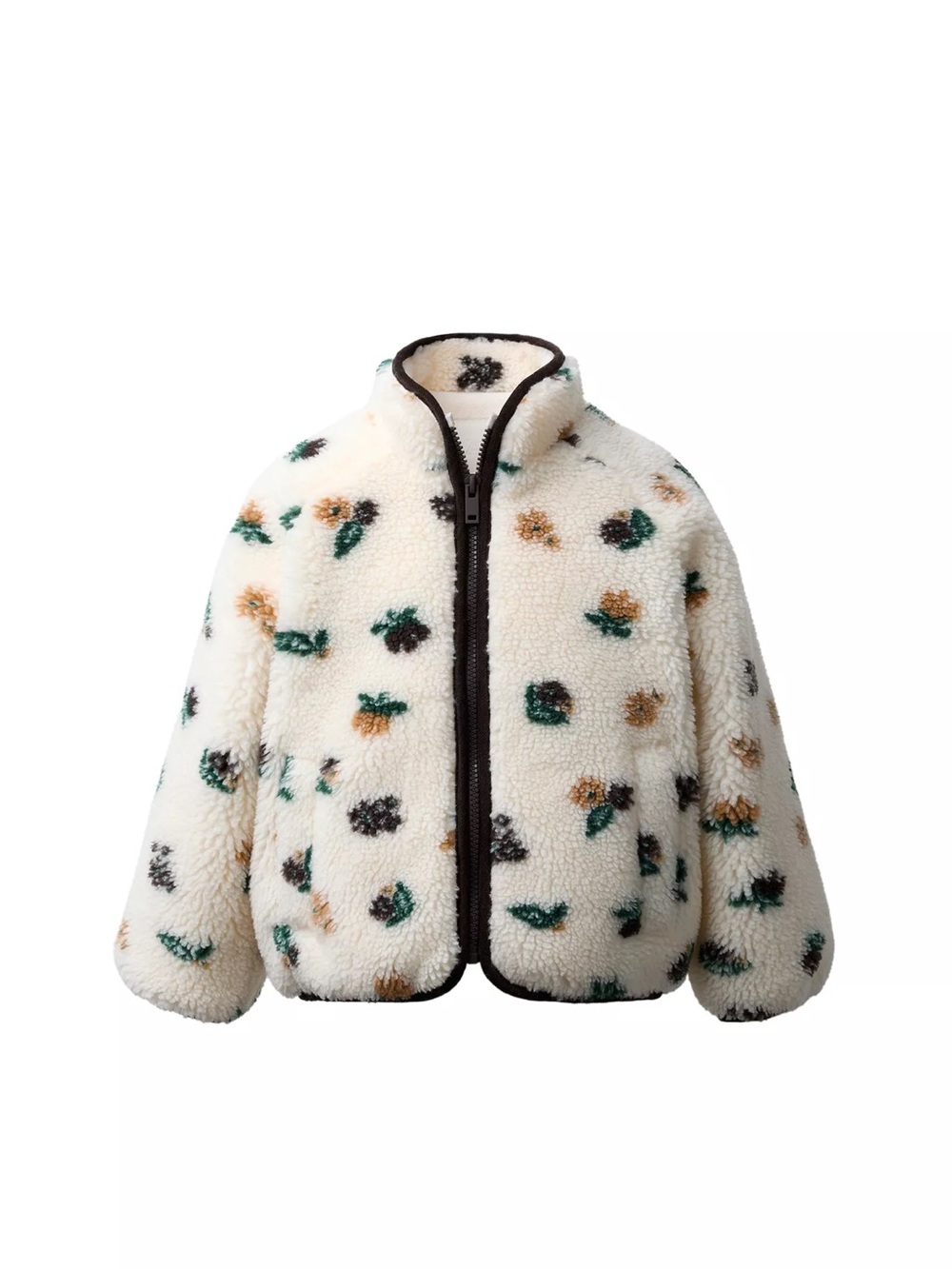 Zara Cream Sherpa Fleece Jacket with Green and Brown Floral detail